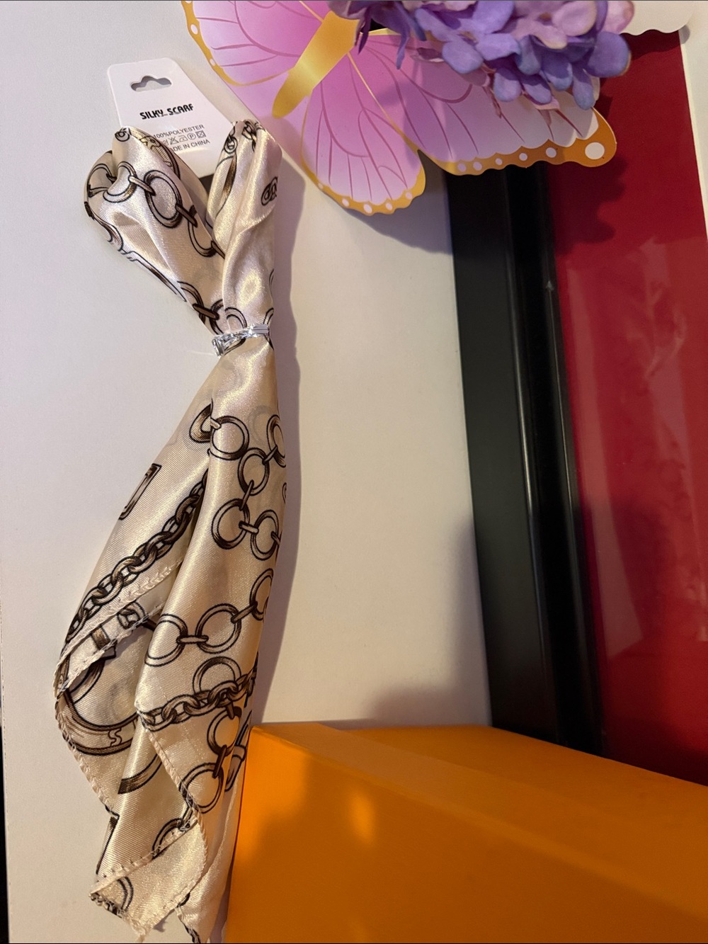 Unlisted Beige Satin Scarf with Black Chain Print